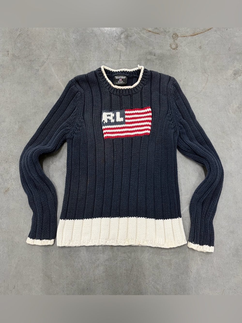 Vintage 90s lived in Polo Ralph Lauren Navy petite old money cottagecore sweater